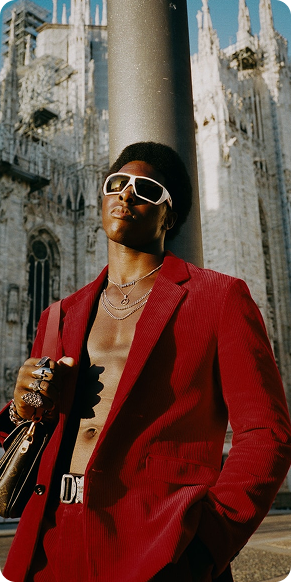 Fashion model in red suit - Hero image